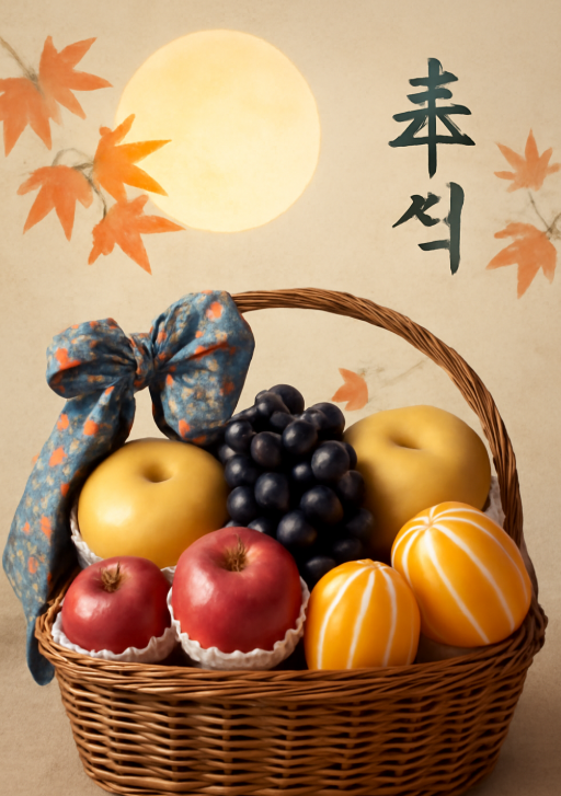 사과, 배, 샤인머스캣 등이 풍성하게 담긴 추석 과일 바구니 선물