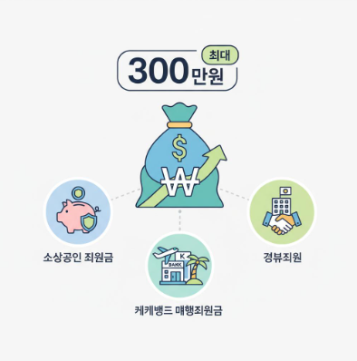 소상공인 지원금, 케이뱅크 여행지원금, 정부지원, 최대 300만원, 아이콘과 심볼만 포함된 텍스트 없는 인포그래픽