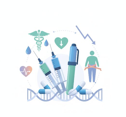 비만 치료제인 주사기와 알약 일러스트