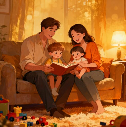 공무원 육아휴직 확대를 상징하는, 부모와 아이들이 집에서 함께 행복한 시간을 보내는 일러스트