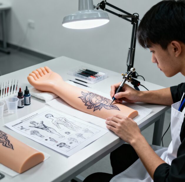 인공 피부에 문신 디자인을 그리는 자격시험 후보자의 모습, 전문적이고 위생적인 문신사 자격시험 현장