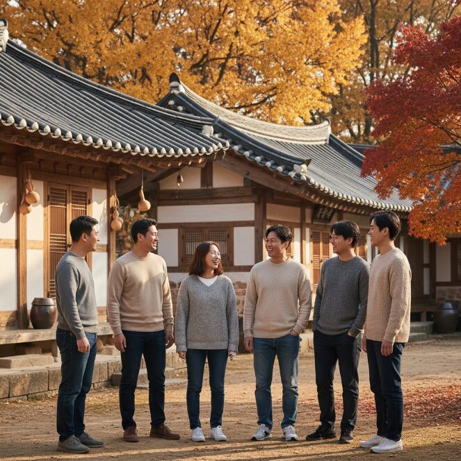 나는솔로 28기 출연자들이 가을 배경의 안동 한옥 앞에서 소통하는 장면