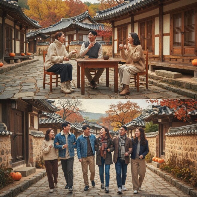 나는솔로 28기 남녀 출연자들이 안동의 전통 한옥 마을에서 대화하며 웃고 있는 모습